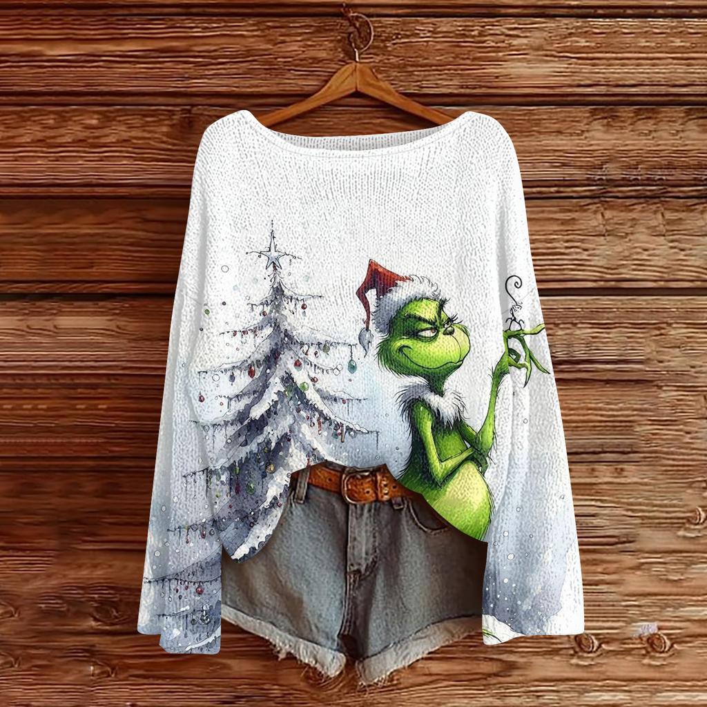Women's Fashion Round Neck Long Sleeve Christmas Print Casual Knit Pullover Top
