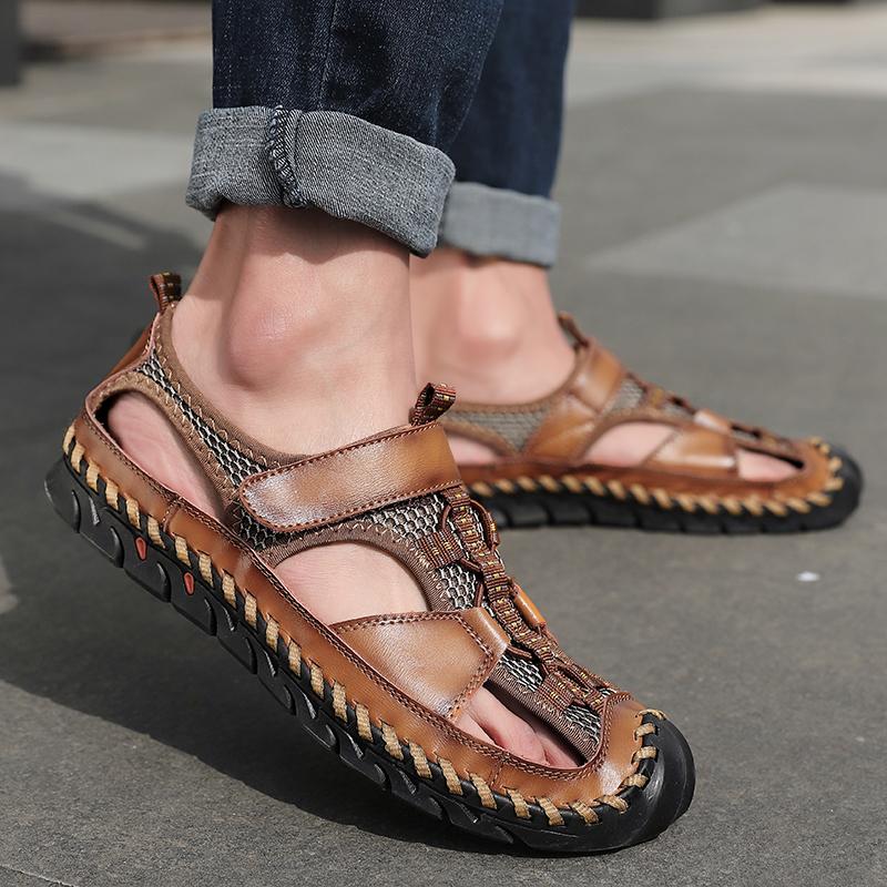 Кожаные мужские пляжные сандалии для воды, летние уличные повседневные спортивные сандалии с закрытым носком, нескользящие мягкие походные забродные кроссовки