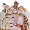 Indoor Fall Seasonal Ornament Halloween Ghost Pumpkin Wooden Plaque, 2D Flat Tabletop Sign, Desktop Festive Home Accessory Spooky Bathing Reading for