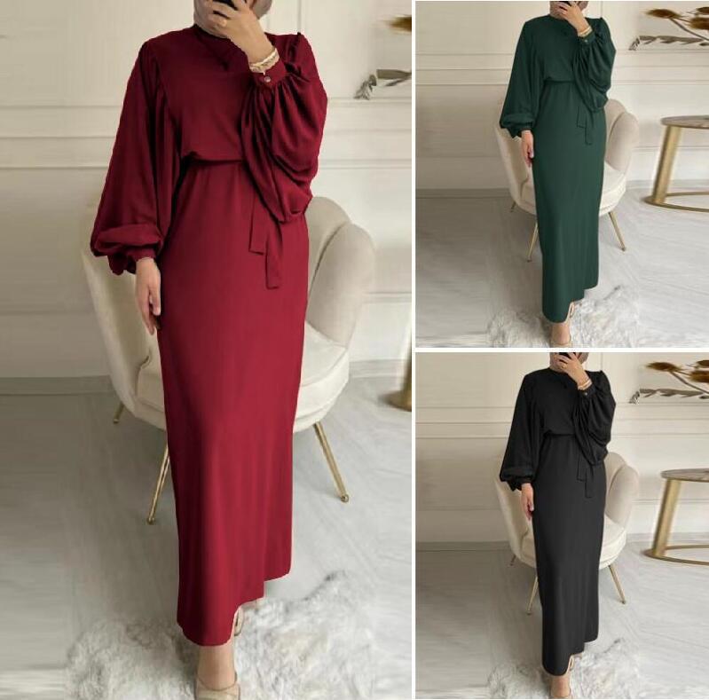 Southeast Asian Fashion Lantern Sleeves Waist Hip Crewneck Long Sleeve Women's Dress Plus Size