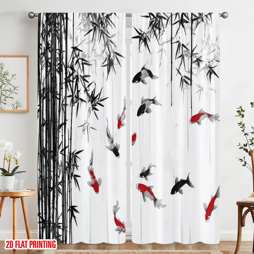 2pcs,2D Plane Printing Curtains&Window Treatment Koi and Bamboo Harmony Versatile Polyester (without Rod) Decorations Inside