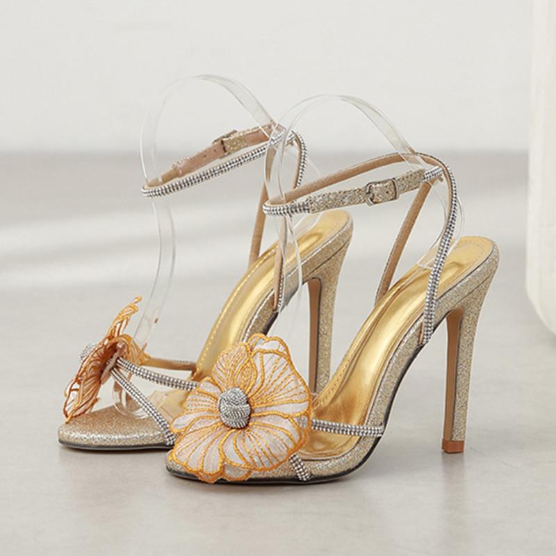Модные модные босоножки на каблуке с вышивкой стразами и цветами, женские сексуальные тонкие каблуки, летние элегантные туфли с пряжкой и пяткой