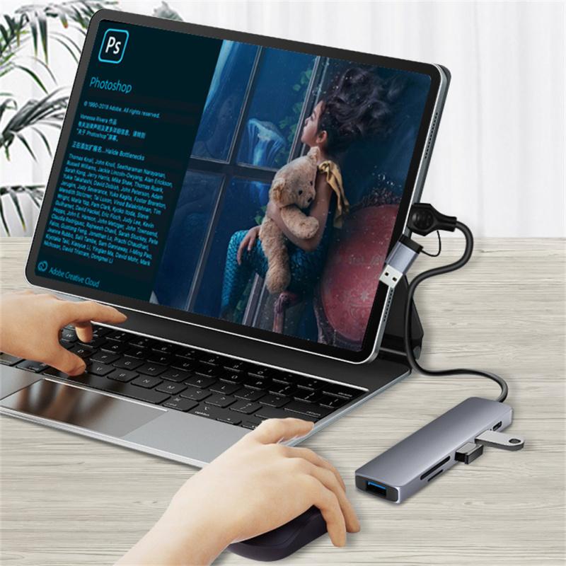 Usb C Hub 6-в-1 Док-станция типа C/USB с двумя головками Адаптер быстрой зарядки Pd с поддержкой Sd/tf