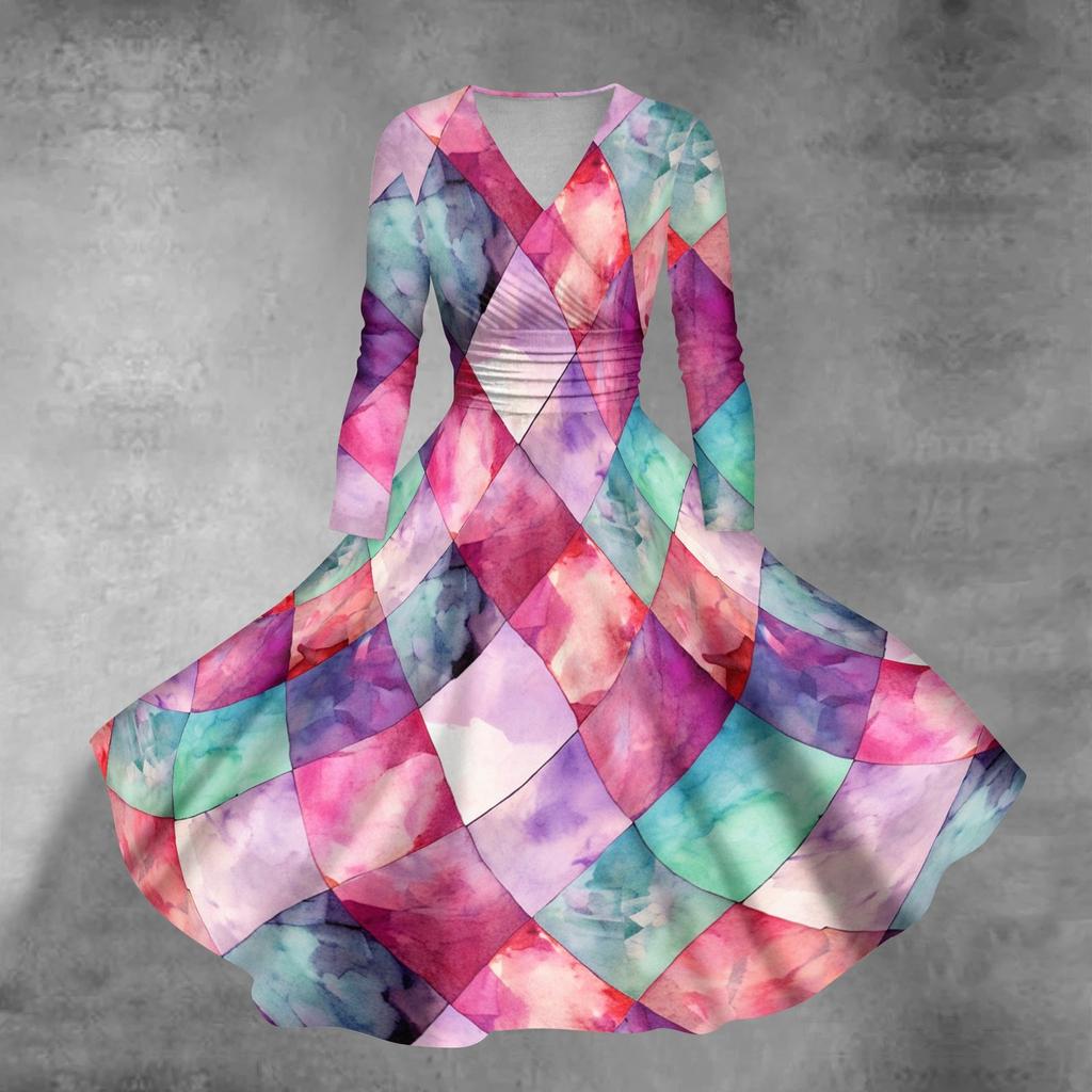 Женское повседневное и модное сексуальное платье с v-образным вырезом и длинными рукавами с градиентным принтом