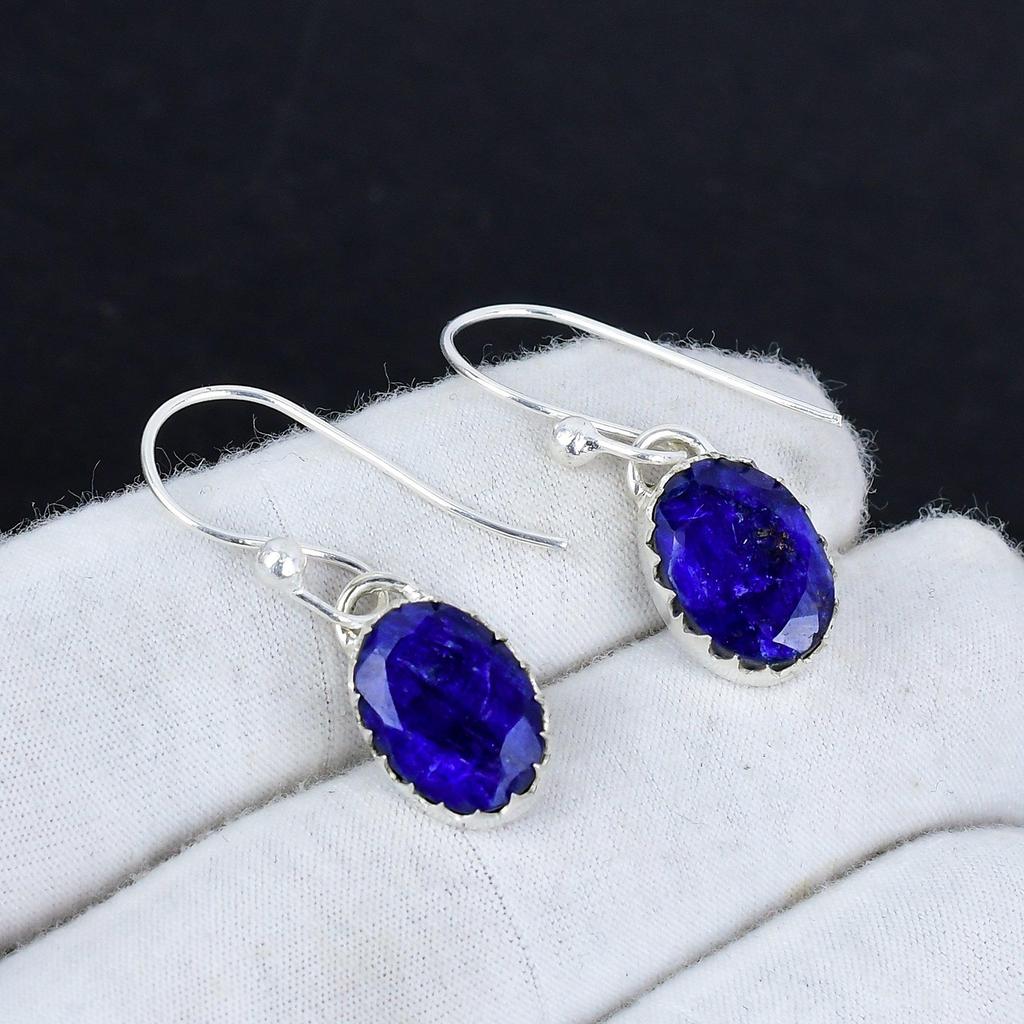 Blue Sapphire Gemstone 925 Sterling Silver Earring, Boho Silver Jewelry Dangle Earrings, Gifts For Wadding Gifts For Her