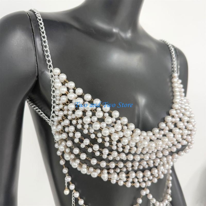 HX6F Multi Layer Plastic Pearls Chest Jewelry Adjustable Handcrafted Layered Body Chain For Casual Outfits And Event