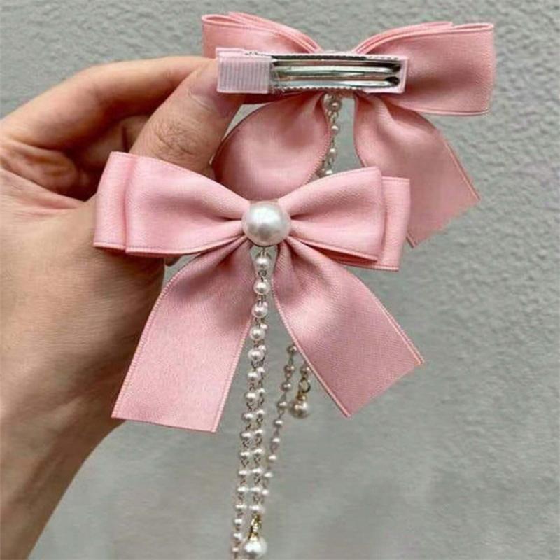 Дети Милая принцесса Стиль розовые жемчужины цепь бант заколка для волос женские детские милые заколки для волос заколки для волос для девочек аксессуары для волос
