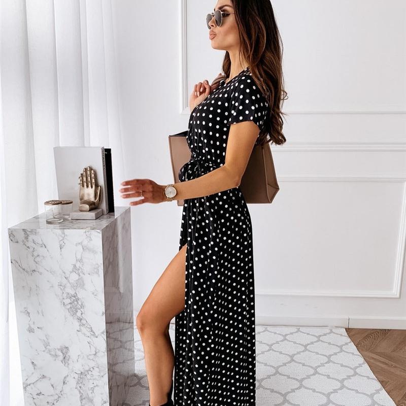 Летнее богемное платье с v-образным вырезом и короткими рукавами в горошек, модная сексуальная повседневная длинная юбка