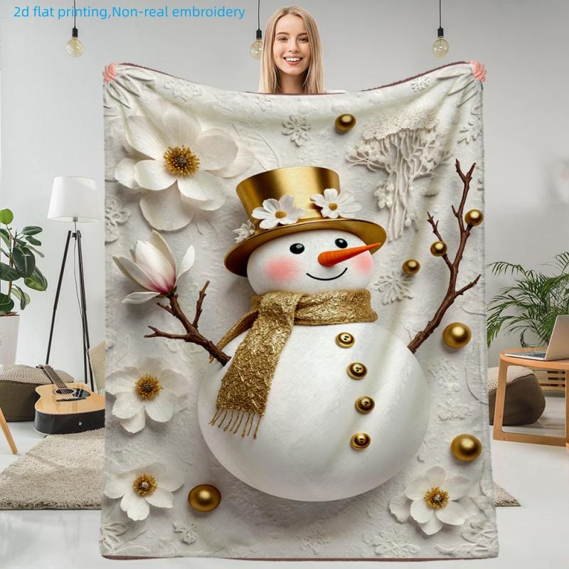 1pc Christmas Snowman Print Blanket, Golden Hat And Floral Decor, Multi-Size Available, Autumn Thanksgiving Christmas Nap Blanket, Suitable for Living