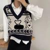 Korean Fashion Sweater Vest Women V Neck Sleeveless Autumn Harajuku Doodle Bear Loose Knitted Pullover
