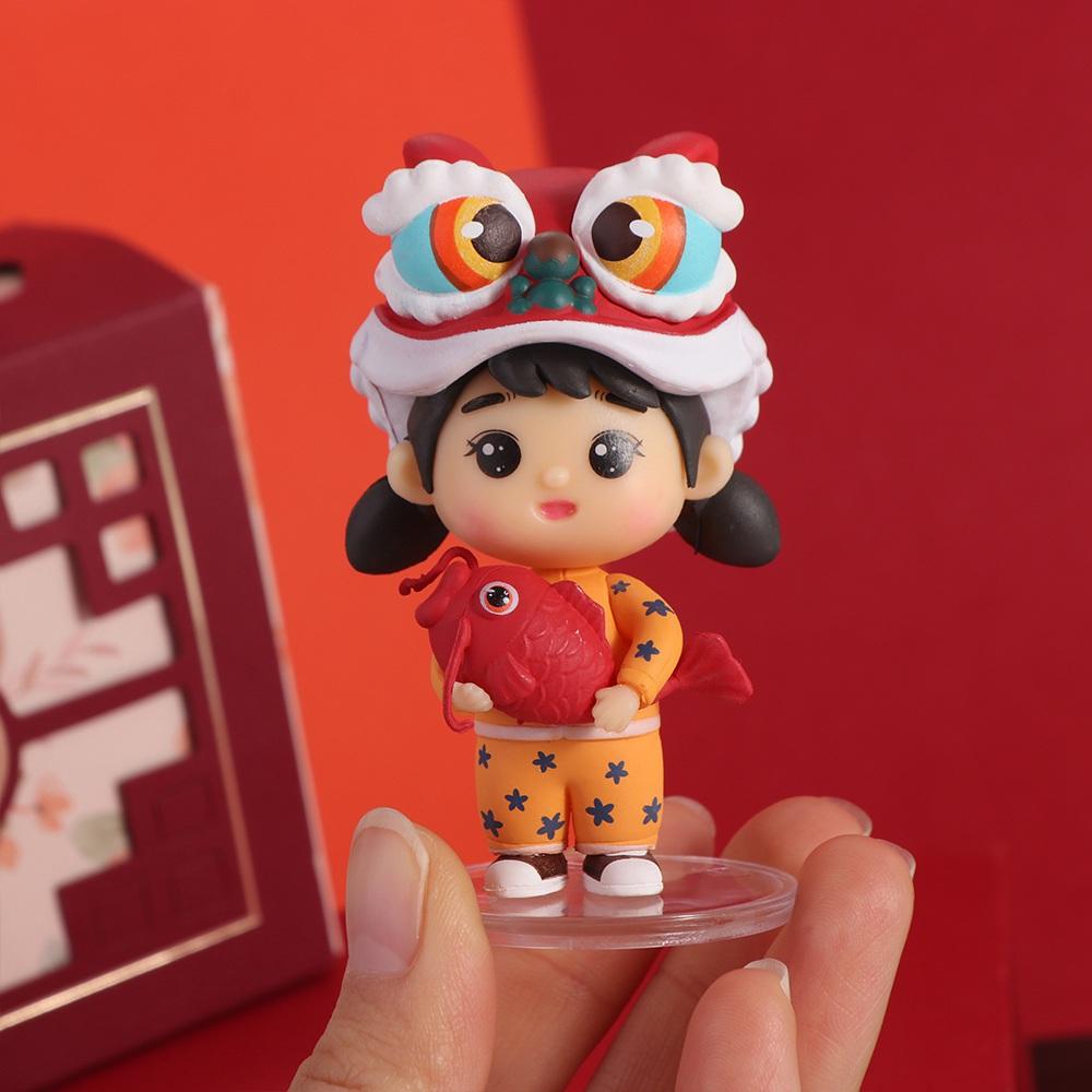 Мальчик и девочка Танец льва Статуя мальчика Китайский стиль Танец льва Украшения Весенний фестиваль