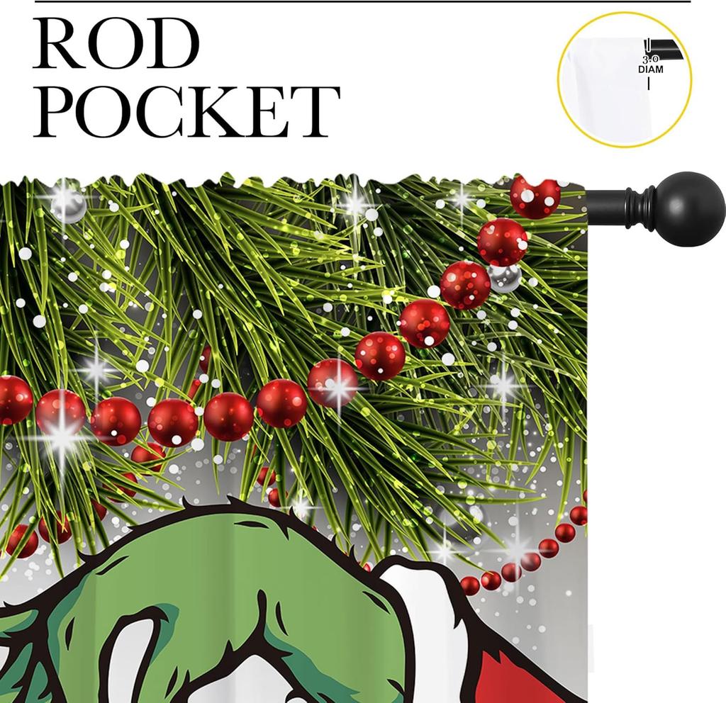 Christmas Rod Pocket Blackout Curtains for Boy Girl Bedroom, Xmas Traditional Winter Fir twigs and Classical Red Balls Energy