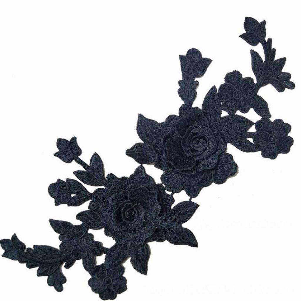 1 Pc Black White 3D Roses Flowers Embroidery Sew  On Patches Sewn Applique Embroidered DIY Clothes