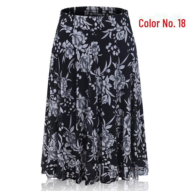Women's Summer Floral Ice Silk Pleated Skirt - Mid-Length with Elastic Waist