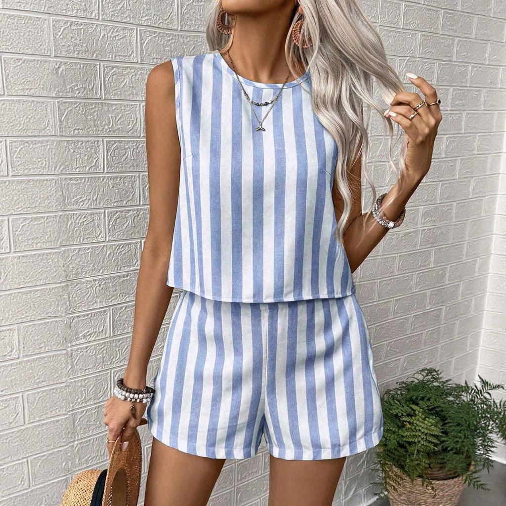 1116 summer European and American women's clothing striped casual suit sleeveless crew neck top + loose shorts two-piece set