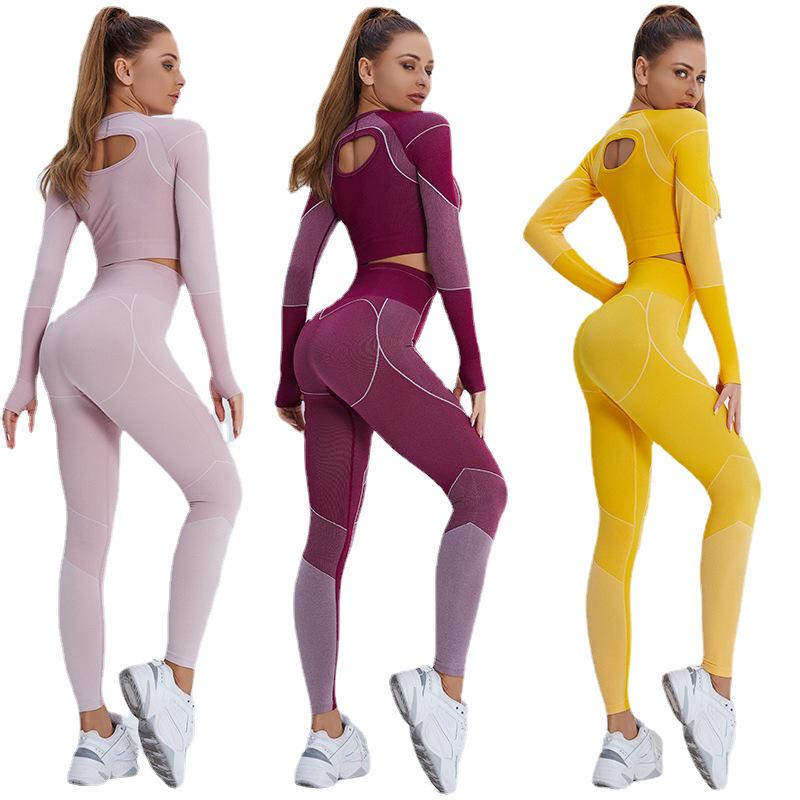 Trendy European-American Sports Fitness Set: Long Sleeve Crop Top & High-Waist Hip-Lifting Yoga Pants