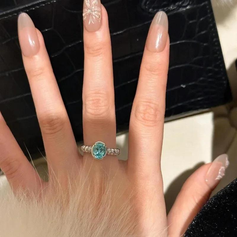 Блестящие инкрустированные синие драгоценные камни овальные кольца для женщин легкие роскошные Параиба Simplicity модное кольцо вечеринка изящные ювелирные изделия