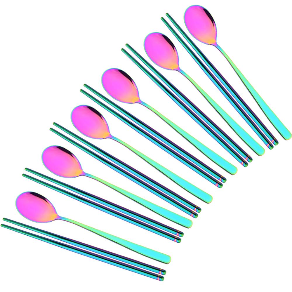 Джанкнг Вестерн, 6 комплектов ( 12 шт. ) Черная посуда из нержавеющей стали 304, посуда, ложки с длинной ручкой, палочки для еды, металлический корейский набор столового серебра