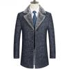 Men's Luxury Herringbone Tweed Wool Coat  Winter Brand Fake Fur Collar Gray Trench Coat Men Slim Fit Overcoat Windbreaker