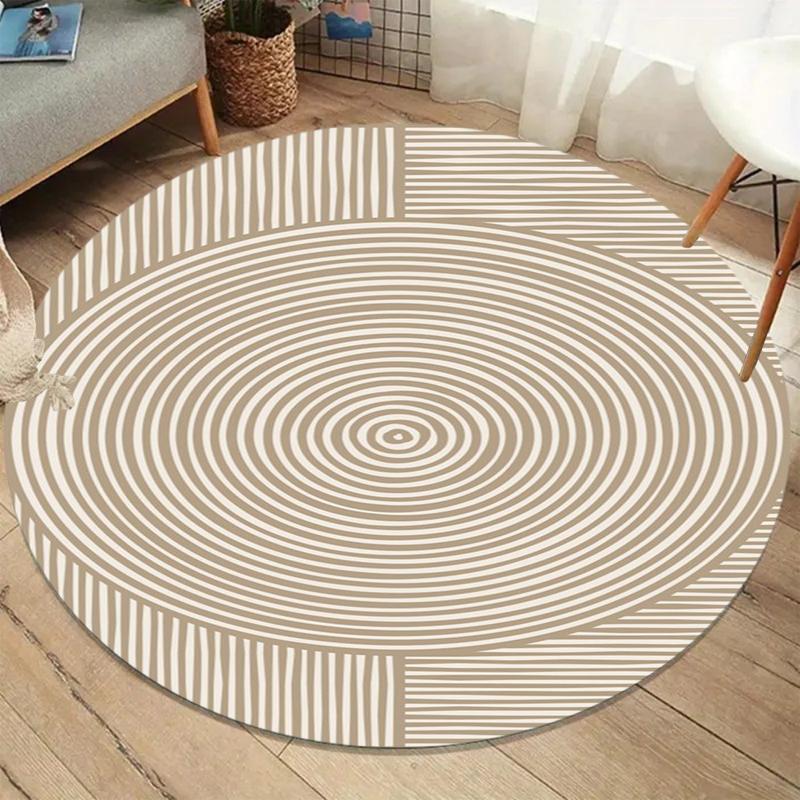 Wabi-Sabi Geometric Line Round Area Rug, Beige White Modern Non-Slip Floor Mat, Living Room Kids Room Decor Carpet  Area Rug