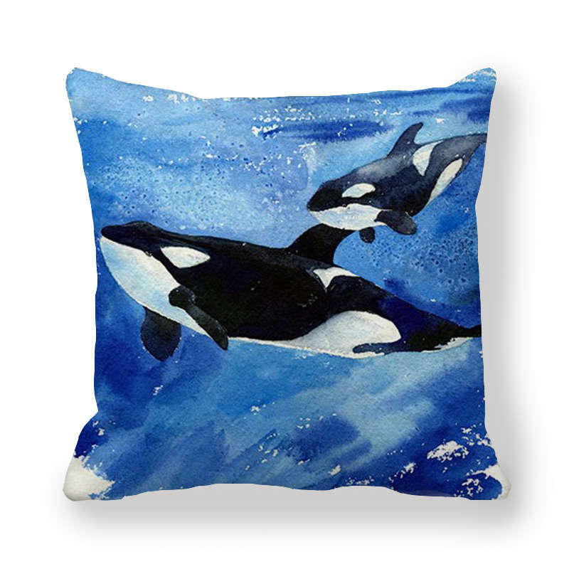Watercolor Art Of Whale Pattern Digital Printing Short Plush Pillow Covers For Car Sofa Office Cushion Cover Home Goods