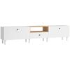 200 cm TV Cabinet for TVs up to 90 Inches, 2 Cabinet Compartments, Open Shelf, Drawer, 8 Legs, Chipboard, White