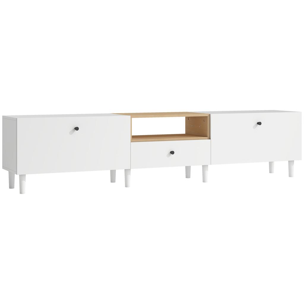 200 cm TV Cabinet for TVs up to 90 Inches, 2 Cabinet Compartments, Open Shelf, Drawer, 8 Legs, Chipboard, White