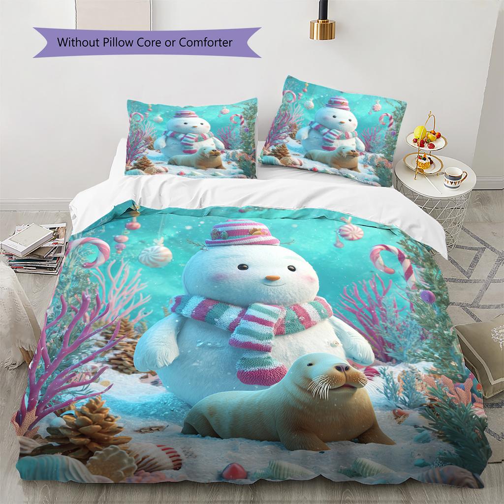 Snowman and Marine Animals Pattern Bedding Quilt Set Home Decoration Gift (1 * duvet cover + 2 * pillowcase, without core)