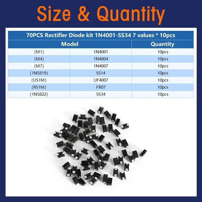 Выпрямительный диод Набор диодов Шоттки 1N4001 1N4004 1N4007 1N5819 1N5822 Набор быстро переключающихся SMD диодов M1 M4 M7 SS14 SS34 RS1M US1M