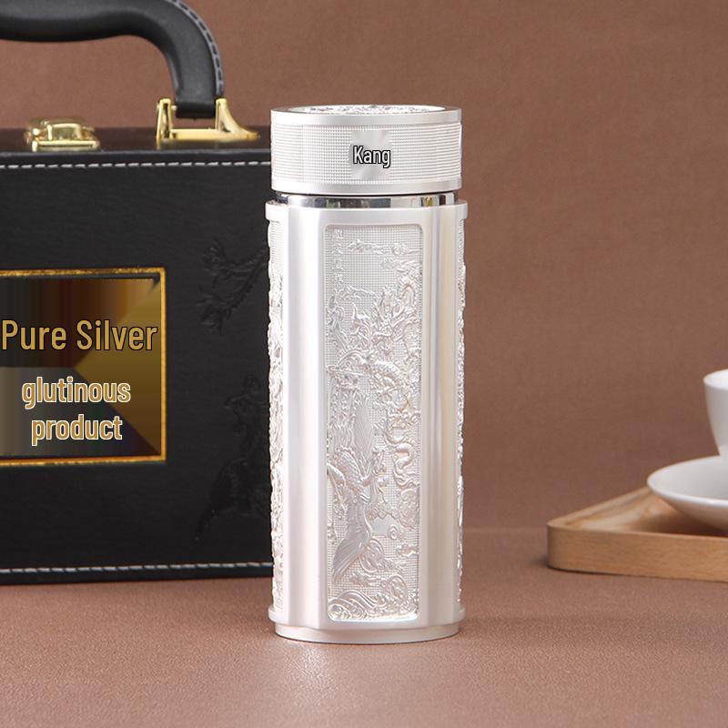 Pure Silver 9999 Thermal Water Cup - Nine Dragon, Hundred Blessings, Dragon & Phoenix Design