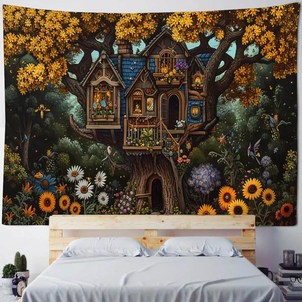 Dreamy Fairy Tale Scenery Grand Tapestry Ancient Tree House Cartoon Forest Mural Aesthetic Room Background Wall Hanging Cloth