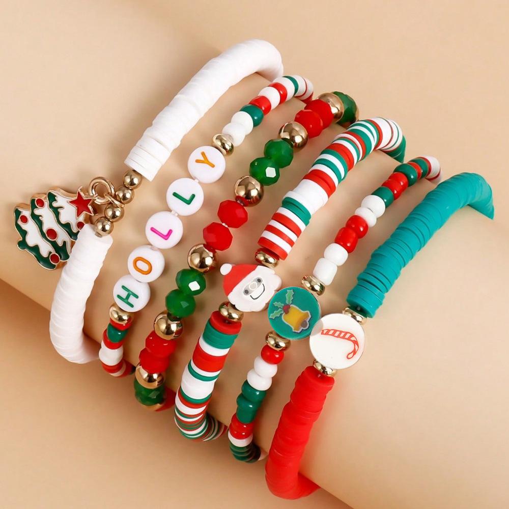 European & American Style Polymer Clay Bead Bracelet: Santa, Snowflake, Christmas Tree Elastic Design