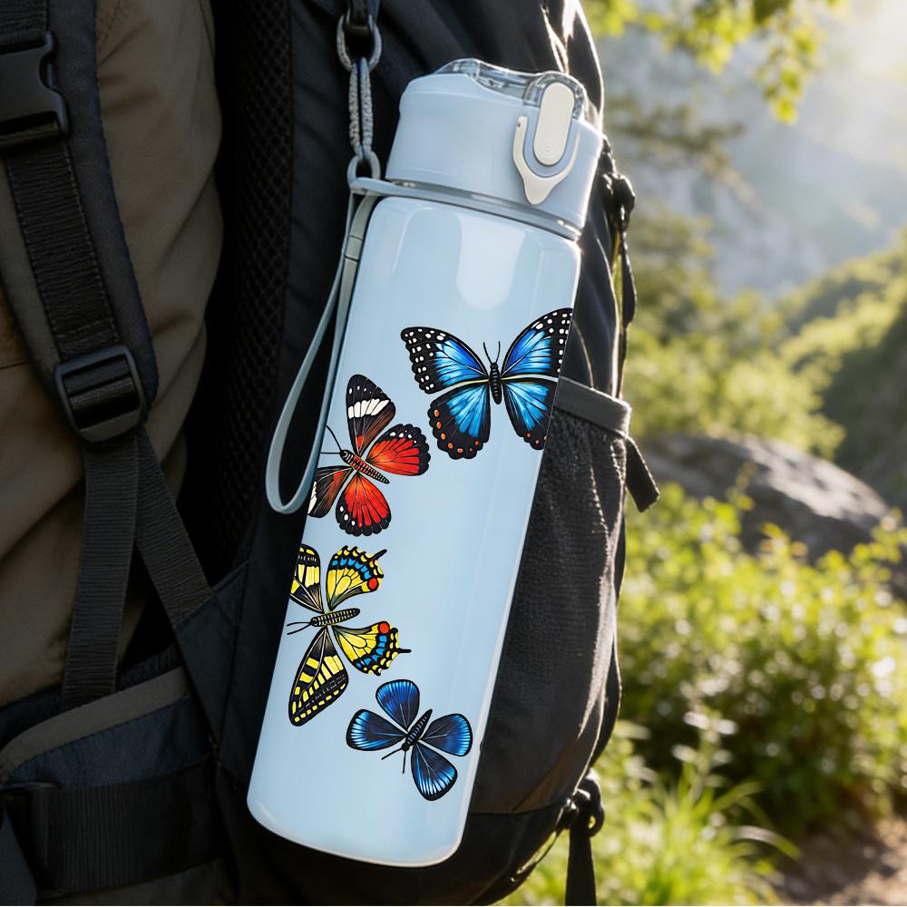 1PC Circular Butterfly Wreath 750ml Color Plastic Sports Water Bottle Leakproof Flip Straw Lid Suitable for Sports Office Home Use