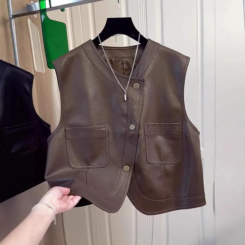 Женский простой свободный жилет пэчворк для通勤, уличная одежда из искусственной кожи, без рукавов, куртка на пуговицах