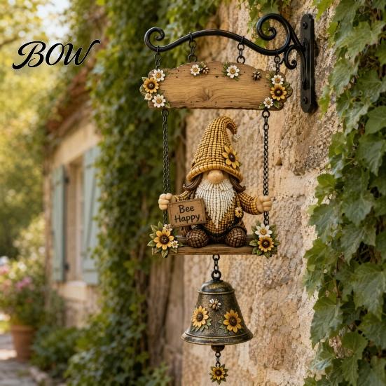 Distressed Wood Grain Sign Garden Gnome Bell, Welcome Outdoor Hanging Doorbell, Holiday Decorative Wall Plaque Wind Chimes for Patio Home
