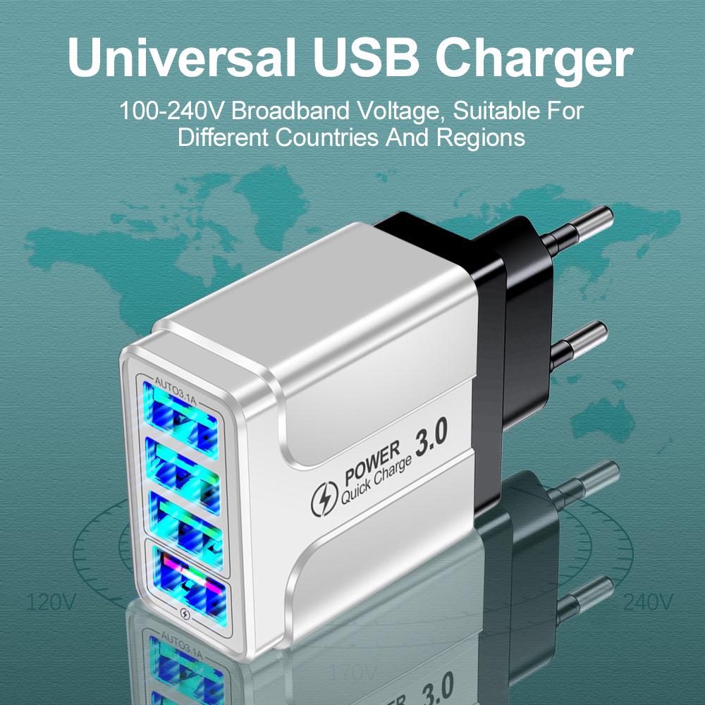 QC3.0 4-Port USB Rapid Charger for EU/UK/AU Plugs - Multi-Device Fast Charging