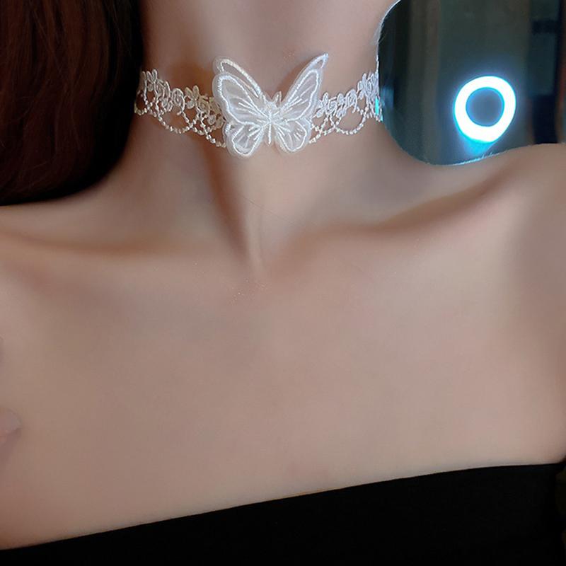 White Simple Elegant Butterfly Weave Lace Choker Necklace Jewelry for Women Girls Vintage Romantic Date Wedding Collarbone Bijoux