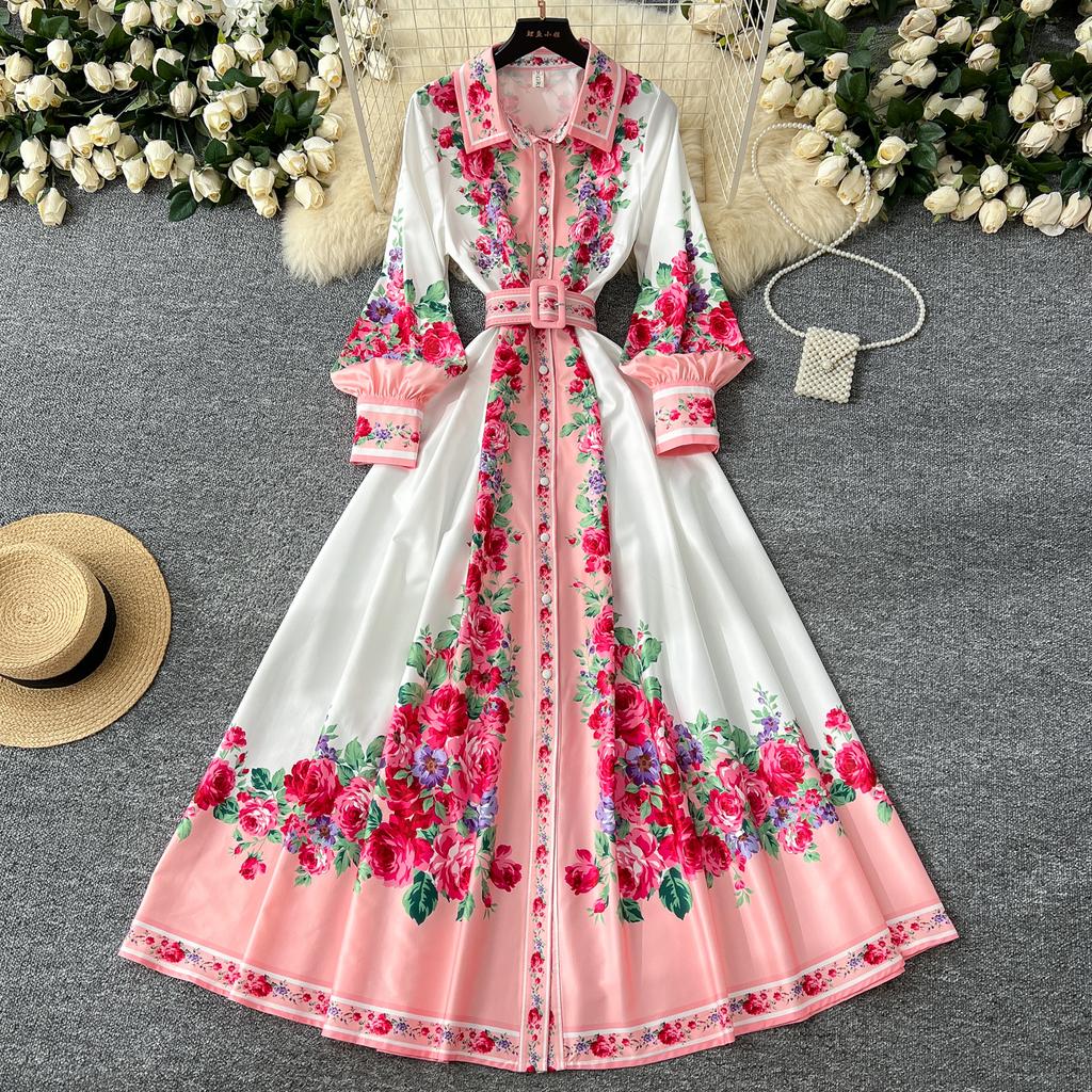 Весенние женские винтажные принты с отложным воротником, однобортная рубашка, длинные макси, праздничные пляжные платья с поясом