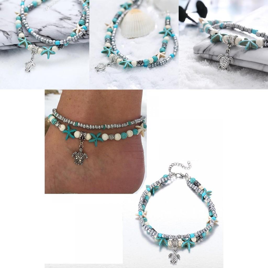 Винтажный синий браслет на ногу с ракушкой морской звезды, пляжный браслет на ногу с черепахой, отпускной браслет на ногу с рисовыми бусинами