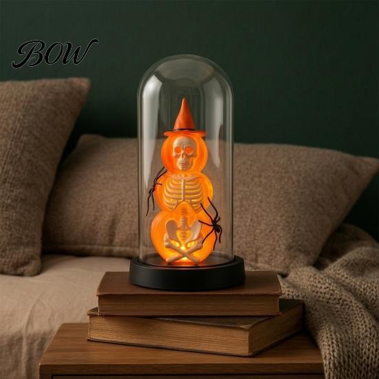Halloween Souvenir Decor Pumpkin Skeleton Cloche Lamp, Lighted Stacking Skull in Clear Atmosphere Night Light Dome with Witch Hat for Tabletop Mantel,