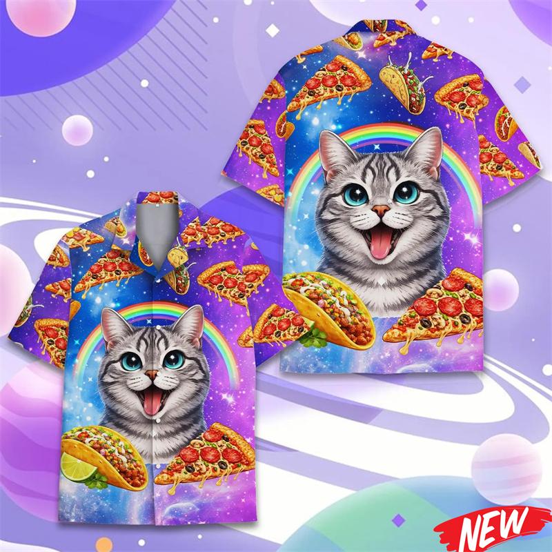 Funny pizza Cat Pattern Hawaiian Shirt For Men 3d Printed Animal Shirts Summer Beach Casual Short Sleeve Street Lapel Blouse
