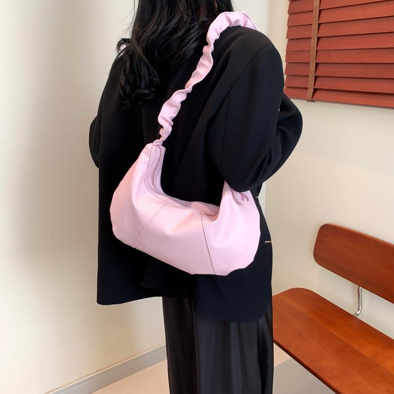 Women's Korean Niche Design Drawstring Pleated Soft Leather Solid Color Fashionable Large Capacity Underarm Dumpling Bag