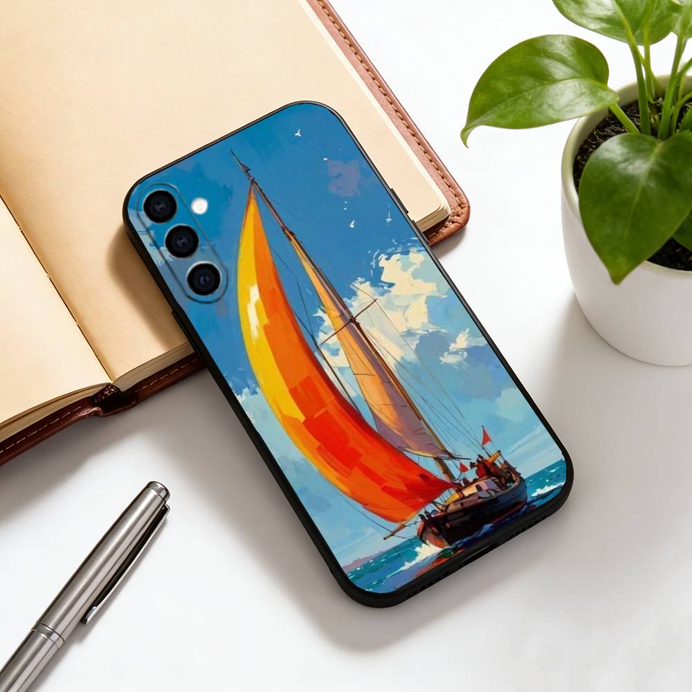 Масляная живопись парусник Чехол для телефона для Samsung Galaxy A73, A72, A71, A70, A53, A52, A51, Мягкий силиконовый черный чехол