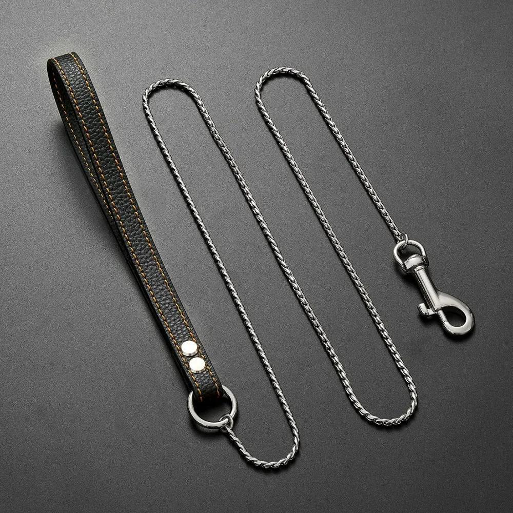 Поводок для собак из нержавеющей стали с защитой от жевания, цепочка для щенков, змея, цепочка с защитой от жевания, прочный поводок для собак с кожаной ручкой