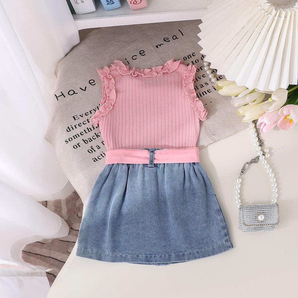 Girls Casual Suit Summer Kids Fashion Sleeveless Crew Neck Vest + Denim Shorts Suit