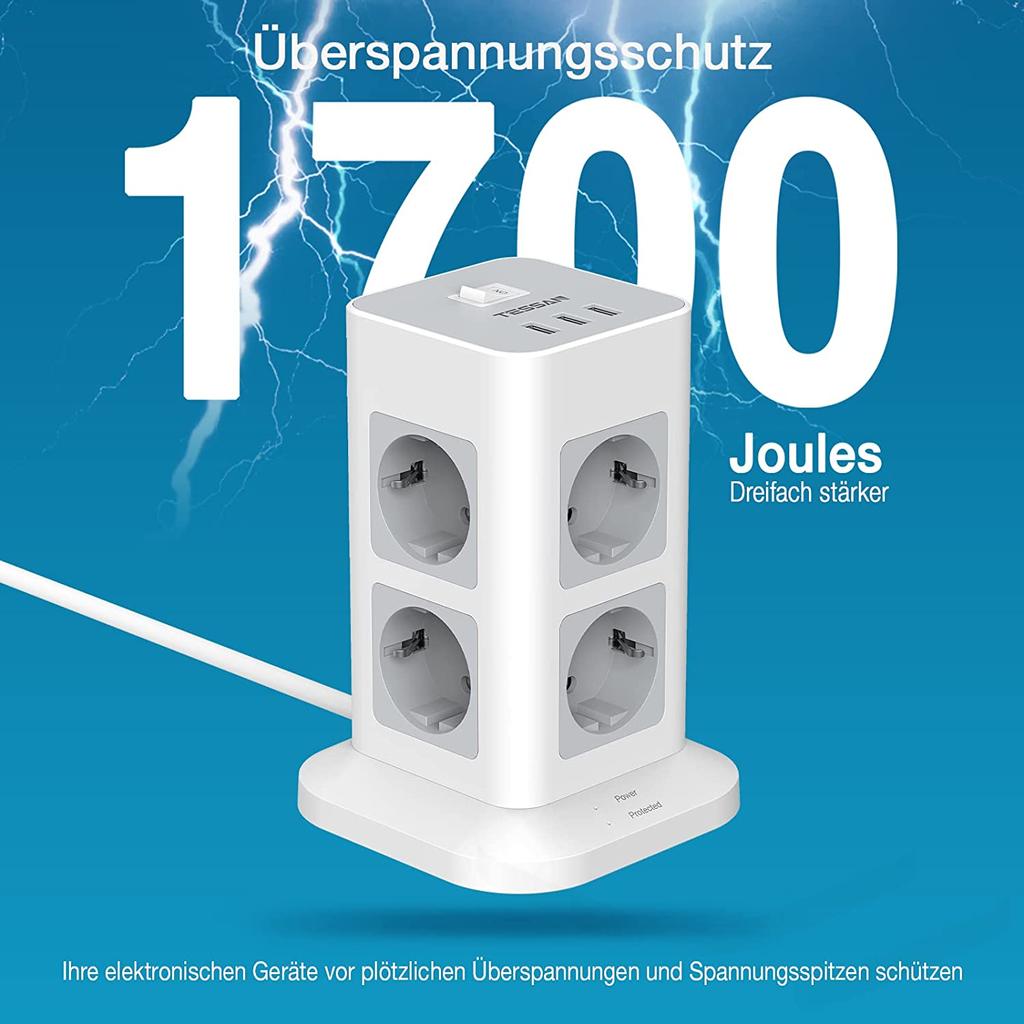 Tessan Вертикальные розетки с несколькими розетками в виде башни с USB, выдвижным удлинителем длиной 2 м, многоточечной электрической розеткой с вилкой EU KR