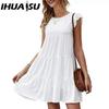 Summer Solid Colour O-Neck Short Sleeve Dress Casual Cake Dress Pleated Big Swing Dress