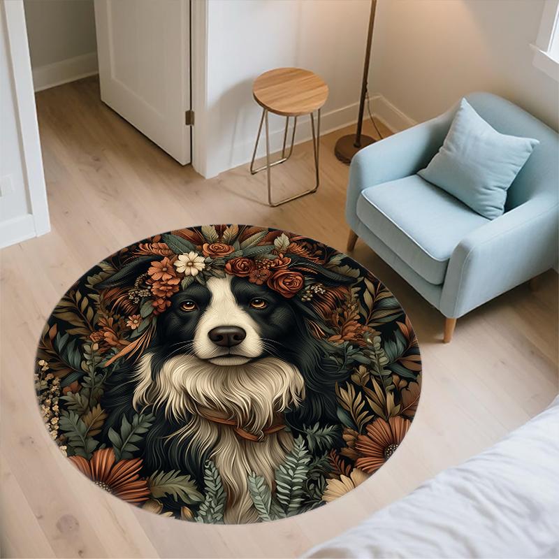 Border Collie and Plants pattern round rug,Carpet Rug for Living Room Bedroom Playroom ,Non-slip Floor Mat,Holiday Gifts and Birthday Gifts.