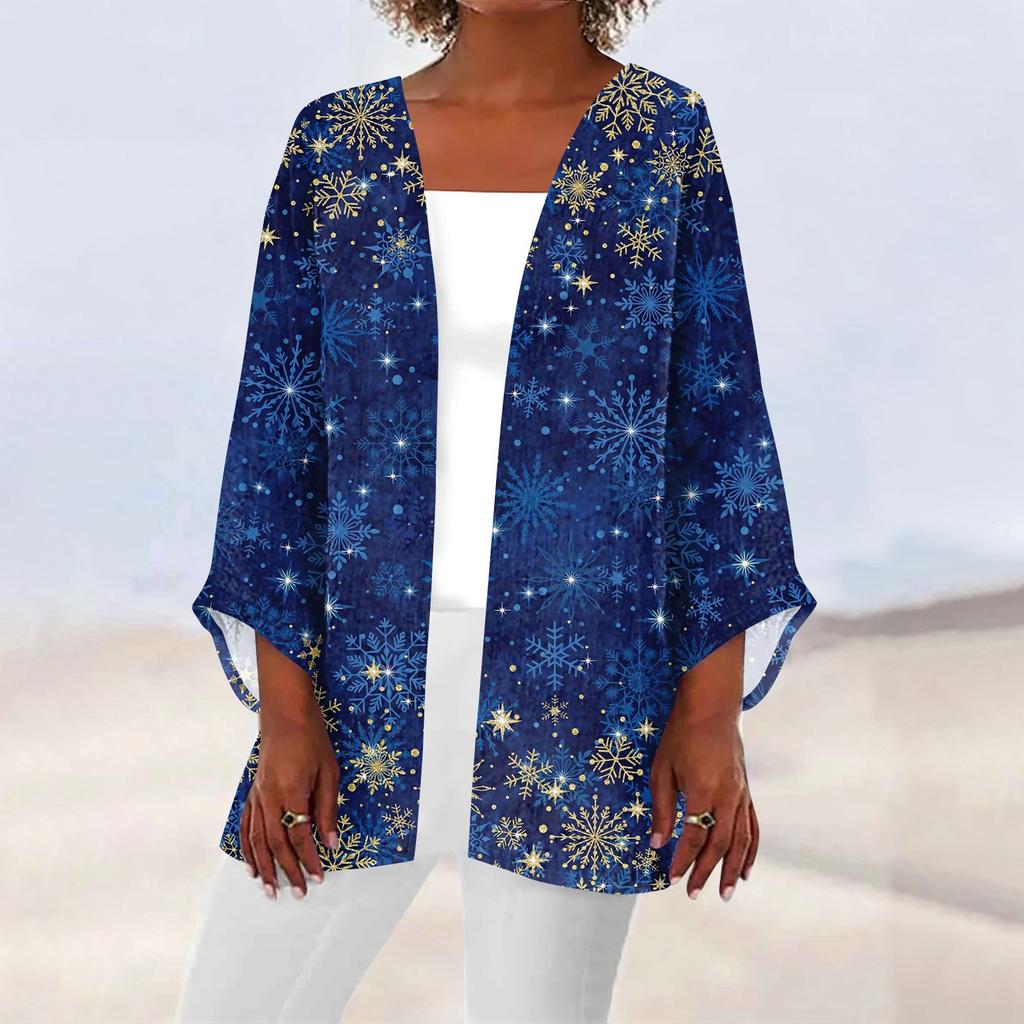 Женская повседневная мода Caot с рождественским принтом Легкая куртка средней длины Кардиган