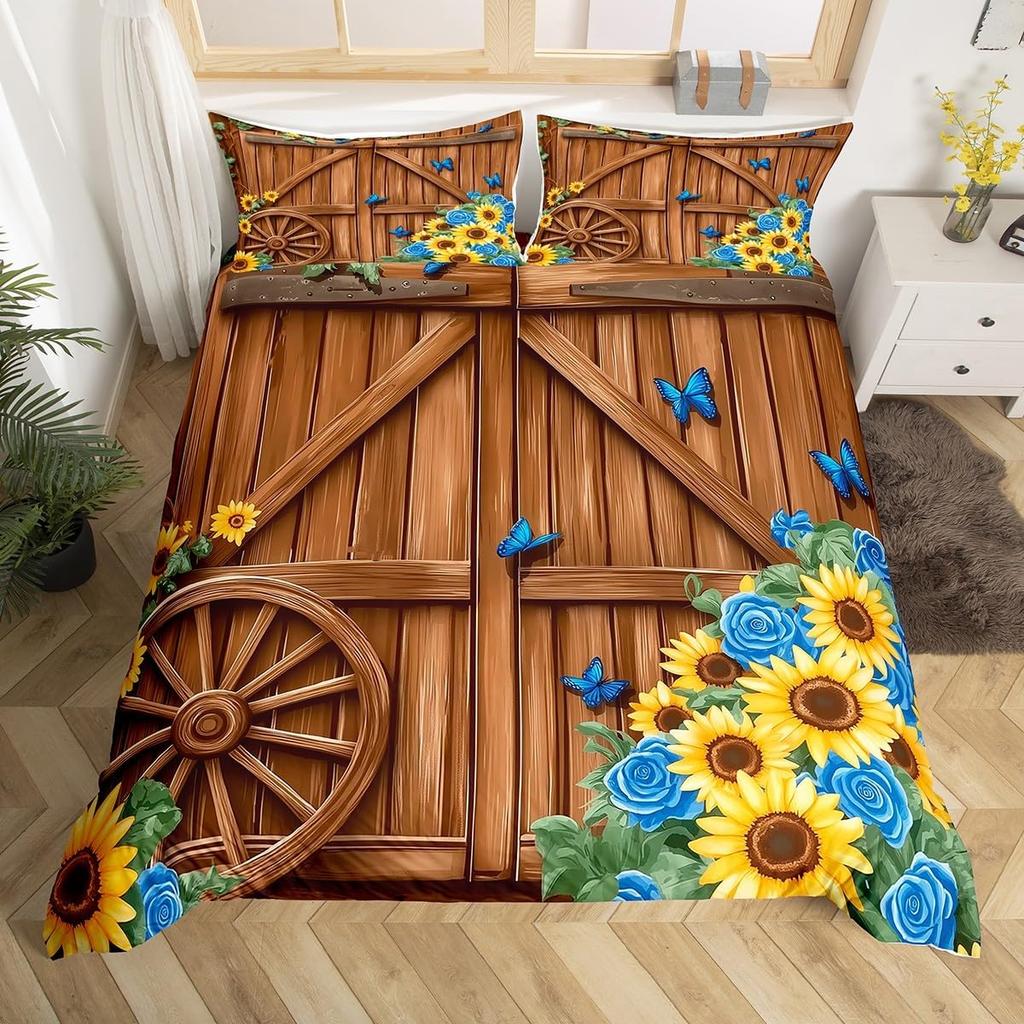 Rustic Farmhouse Bedding Sets Queen Country Butterfly Sunflower Duvet Cover Retro Barn Door Comforter Cover Cabin Lodge Bed Set